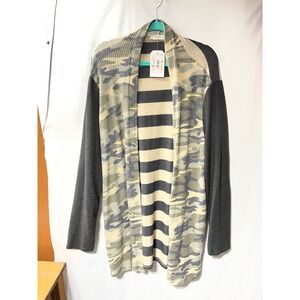 A.gain Womens Camo Stripe Mixed Media Open Front Cardigan Elbow Patches Gray NEW